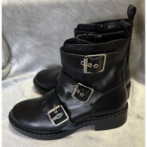 Steve Madden Aaron Black Leather Combat Moto Buckle Boots Unisex Size 9 NWT